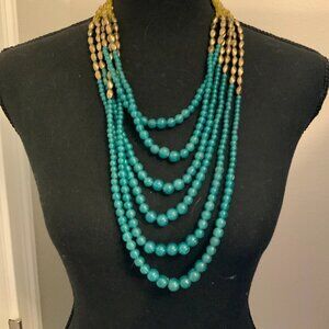 NRT (AVON) Vintage Multi Strands Yellow Gold Tone Blue Beaded Necklace